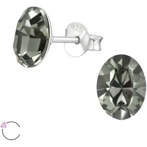 Joy|S - Zilveren ovaal oorbellen - 6 x 9 mm - La Crystale grijs antraciet - black diamond kristal - oorknoppen