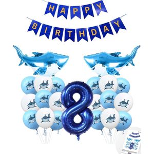 Cijferballon 8 Blauw - Haai - Shark - Ballonnen Megapakket - Slinger Feestvieren - Verjaardag Snoes