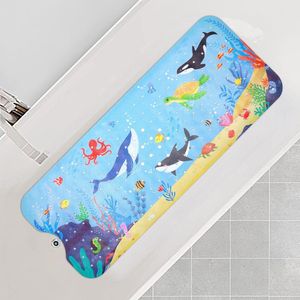 Antislipbadmat, extra lange badmat, 40 x 100 cm, cartoon walvis- en schildpadpatroon, badkamerbadmat met zuignappen en afvoergaten, geschikt voor bad
