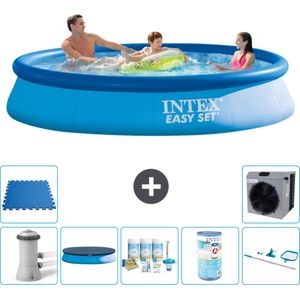 Intex Rond Opblaasbaar Easy Set Zwembad - 366 x 76 cm - Blauw - Inclusief Pomp Afdekzeil - Onderhoudspakket - Filter - Schoonmaakset - Vloertegels - Warmtepomp