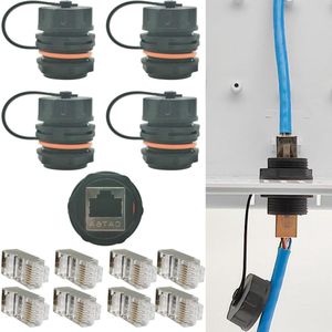 Waterdichte RJ45-koppeling 4 stuks CAT6A-connector Ethernetkabel + kristalkoppen 8 stuks - afgeschermde industriële netwerkkabelconnector - paneelmontage - waterdicht