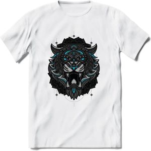 Tijger - Dieren Mandala T-Shirt | Lichtblauw | Grappig Verjaardag Zentangle Dierenkop Cadeau Shirt | Dames - Heren - Unisex | Wildlife Tshirt Kleding Kado | - Wit - XL