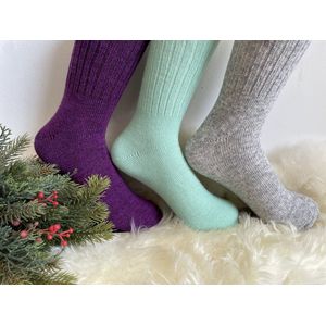 3 Paar Wollen Dames Sokken Winter/ Kerst Sokken Paars/ Grijs/ Mint Maat 36-40