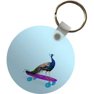 Sleutelhanger - Pauw - Blauw - Skateboard - Dieren - Grappig - Plastic - Rond - Uitdeelcadeautjes