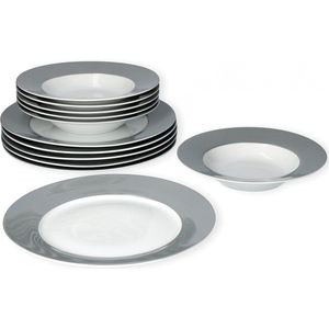 12-delige platte bordenset voor 6 personen - Porseleinen tafelservies met diepe en platte borden - Ø 21,5 cm en Ø 26,5 cm | Wit met grijze rand