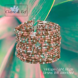 Clayre & Eef spang armband met rocaille glaskralen - nr. 784 - vintage licht roze / brons / wit / menthol - dames meisjes - volwassenen jeugd - casual feest