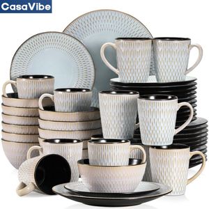 CasaVibe Luxe Serviesset – 48 delig – 12 persoons – Porselein - Bordenset – Dinner platen – Dessertborden - Kommen - Mokken - Set - Grijs -Pluvo