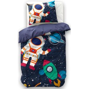 1-persoons jongens dekbedovertrek (dekbed hoes) blauw ruimtevaart met astronaut, spaceshuttle / raket tussen de planeten en sterren in het heelal eenpersoons 140 x 220 cm (stoer beddengoed kinderkamer)