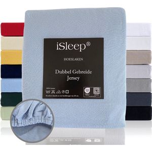iSleep Dubbel Gebreide Jersey Hoeslaken - Eenpersoons - 90/100x220 cm - Licht Blauw