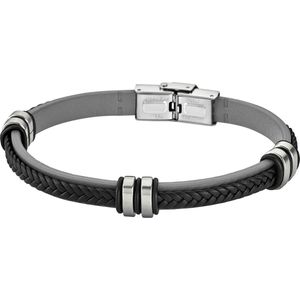 Lotus style LS1829-2/4 - armband -  zilverkleurig staal - zwart en grijs leer - 21cm