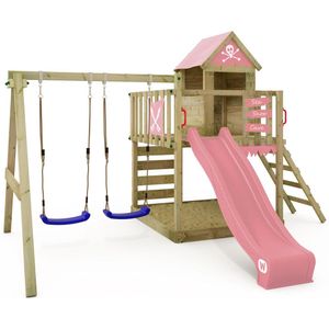 WICKEY speeltoestel klimtoestel Smart Cave met schommel & pastelroze glijbaan, outdoor klimtoren voor kinderen met zandbak, ladder & speelaccessoires voor de tuin