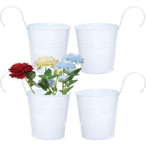 Hangende bloempot, 4 stuks, bloempotten met haken, bloemenvaas, hangpot, metalen bloemenemmer om op te hangen, haak, bloempot, balkon, sierpot, decoratieve bloembak met drainagegat, afneembare haak