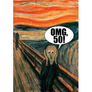 Grappige verjaardagskaart 50 jaar - set van 8 dezelfde ansichtkaarten - ""OMG 50!"" Schreeuw van Munch