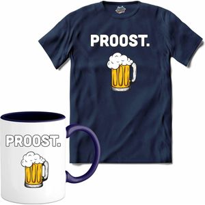 Proost - Bier kleding cadeau - bierpakket kado idee - grappige bierglazen drank feest teksten en zinnen - T-Shirt met mok - Heren - Navy Blue - Maat XXL