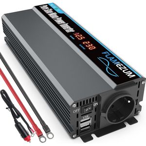 1000 W Pure Sine Power Inverter voor auto's, 12 V tot 230 V Voltage Converter, met 1 EU-aansluiting, 2 USB-poorten, afstandsbediening en LED-display, autolader, zonne-omvormer, DC AC Converter