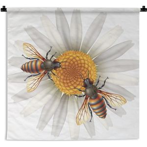 Wandkleed Bijen Illustratie - Illustratie van bijen op bloem Wandkleed katoen 90x90 cm - Wandtapijt met foto