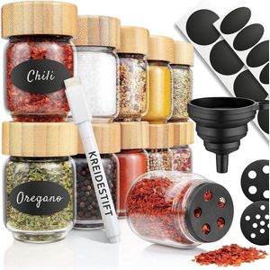 10 stapelbare kruidenstrooiers, set van 90 ml, glazen potjes met deksel van bamboe, voor keuken, kruidenpotjes, voorraadpotten met deksel, opbergpotten, keukenorganisatie, opslag
