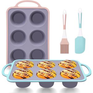 Set van 4 siliconen muffinvormen - 6 kopjes siliconen cupcake-model, muffin- en cupcake-bakvorm met handvat en antiaanbaklaag, ideaal voor het maken van muffincakes, taarten