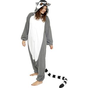 KIMU Onesie Lemur Ringstaartmaki Pak - Maat 140-146 - Ringstaartmakipak Kostuum Grijs - Kinder Huispak Jumpsuit Pyjama Jongen Meisje Festival