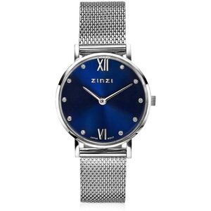 ZINZI Lady Crystal horloge donkerblauwe wijzerplaat en kast stalen mesh band, witte crystals bij uuraanduiding, 28mm extra dun ZIW630M