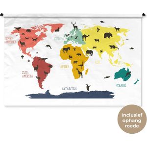 Wandkleed Eigen Wereldkaarten - Wereldkaart voor kinderen Dieren Beesten Wandkleed katoen 180x120 cm - Wandtapijt met foto
