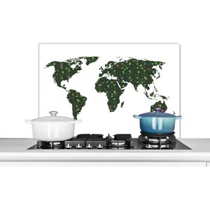 Spatscherm keuken 80x55 cm - Kookplaat achterwand Wereldkaart - Tropische Planten - Wit - Muurbeschermer - Spatwand fornuis - Hoogwaardig aluminium