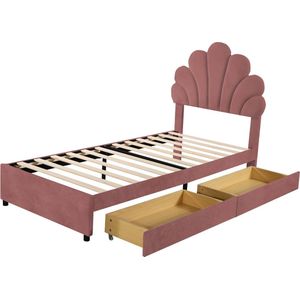 Merax Eenpersoonsbed met Bloemvormig Hoofdbord en 2 Opberglades - 90x200 cm Velvet Gestoffeerd Bed - Roze