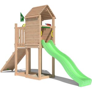 Jungle Gym speeltoestel van douglas hout - Jungle Pod met groene glijbaan - Tuin speeltoestel voor buiten met zandbak en klimhelling