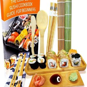 Sushi Maker Kit 11-Piece - Bamboo Sushi Set Rolling Mat and Serving Set for Beginners - 2 Mats, 5 Pairs Chopsticks with Bag, Rice Spoon, Spreader, Serving Plate, Triplet Sauce Bowl with Ebook