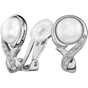 Traveller Clip Oorbellen - Oorclips Dames - Zilverkleurig - Parels - Wit - Kristal - Geplatineerd - 114266