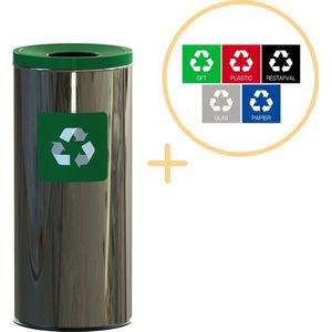 Alda Eco Prestige Bin, Prullenbak - 45L - RVS Groen - Afvalscheiding Prullenbakken - Gemakkelijk Afval Scheiden – Recyclen - Afvalemmer - Vuilnisbak voor huishouden en kantoor - Afvalbakken - Inclusief 5-delige Stickerset