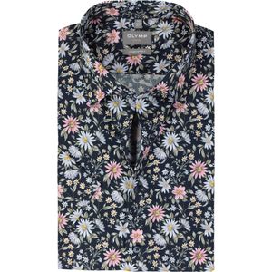 OLYMP comfort fit overhemd - korte mouw - popeline - marine blauw dessin - Strijkvrij - Boordmaat: 46