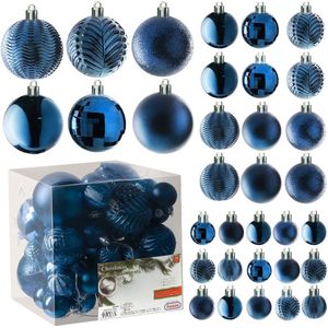 middernachtblauwe kerstbalornamenten voor kerstversiering - 36 stuks kerstboom onbreekbare ornamenten met ophanglus voor vakantie- en feestdecoratie (combo van 6 stijlen in 3 maten)
