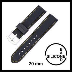 20mm Rubber Siliconen horlogeband zwart met gele stiksels passend op o.a Casio Seiko Citizen en alle andere merken - 20 mm Bandje - Horlogebandje horlogeband