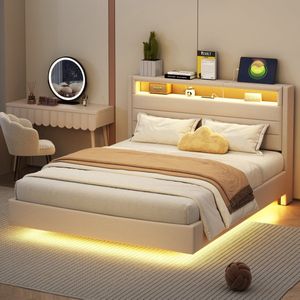 Merax Tweepersoonsbed 140x200 met Verlichting en USB Aansluiting - Bed met Opbergruimte – Zwevend Design – Beige Linnen