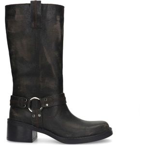 Manfield - Dames - Grijze leren biker boots met zilverkleurige gespen