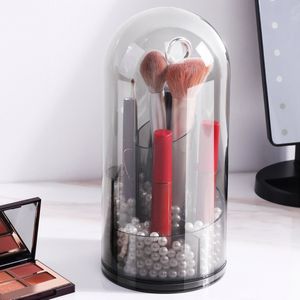 Navaris make up kwasten houder - Draaibare makeup organizer - Met handvat en deksel - Met kralen - Makkelijk te sluiten - Bescherm je kwasten - Grijs