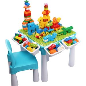 SHOP YOLO - Activiteiten tafel - Speeltafel voor kinderen - 128 stuks Grote Bouwstenen - inclusief 1 Stoel - Blauw