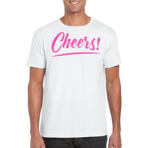 Bellatio Decorations Verkleed T-shirt voor heren - cheers - wit - roze glitter - carnaval XXL