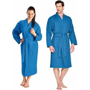 Wafel badjas sauna kobalt XL - blauwe unisex badjas - biologisch katoen - wafel badjas katoen