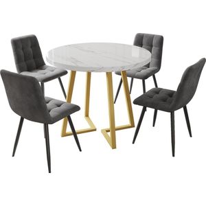 Merax Eettafelset (5-delig) – Ronde Eettafel 80 cm met Marmerlook MDF Tafelblad en Gouden Metalen Poten - Inclusief 4 Donkergrijze Fluwelen Eetkamerstoelen