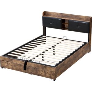 Merax Hydraulisch Opklapbaar Metalen Bed 140x200 cm met Opberg-hoofdbord en Schuifladen - Houtkleur + Zwart