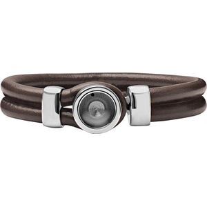 Quiges Leren Armband Bruin met Verwisselbare RVS Mini Munt Houder Zilverkleurig 18 cm