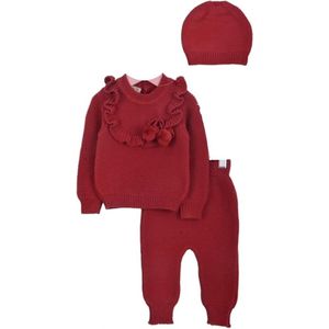 Minora Baby Winter Kledingset- Broek, Trui en Muts voor Jongens en Meisjes- Babykleding Bovenkleding en Broeken- Kraamcadeau - Babyshower-Newborn driedelige gestreepte-6/9 Maanden-Rood
