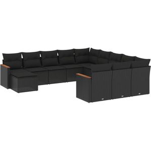 The Living Store 12-delige Loungeset met kussens poly rattan zwart - Loungebank - Tuinset - Lounge Set - Outdoor Furniture - Poly Rattan