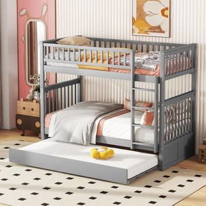 KOMHTOM Stapelbed 90x200cm Kinderbed Driedubbel met onderschuifbed Hoge oprijplaten Stabiele trap Grijs