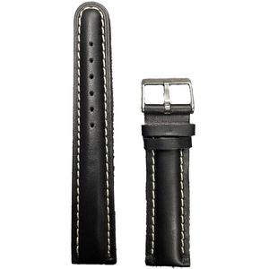 Horlogeband - 20mm - Zwart ( Wit Stiksel ) - Echt leer - Roestvrijstalen gesp