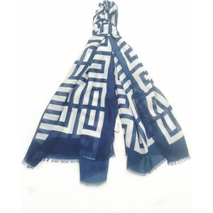 Lange dames sjaal Monica fantasiemotief blauw wit