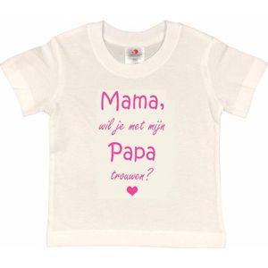 T-shirt Kinderen ""Mama, wil je met mijn papa trouwen?"" | korte mouw | Wit/roze | maat 122/128