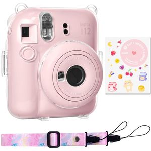 Case voor Fujifilm Instax Mini 12 – Hoesje met Draagriem – 1 Stuk Camera Stickers – Transparant Case – Roze Neck strap